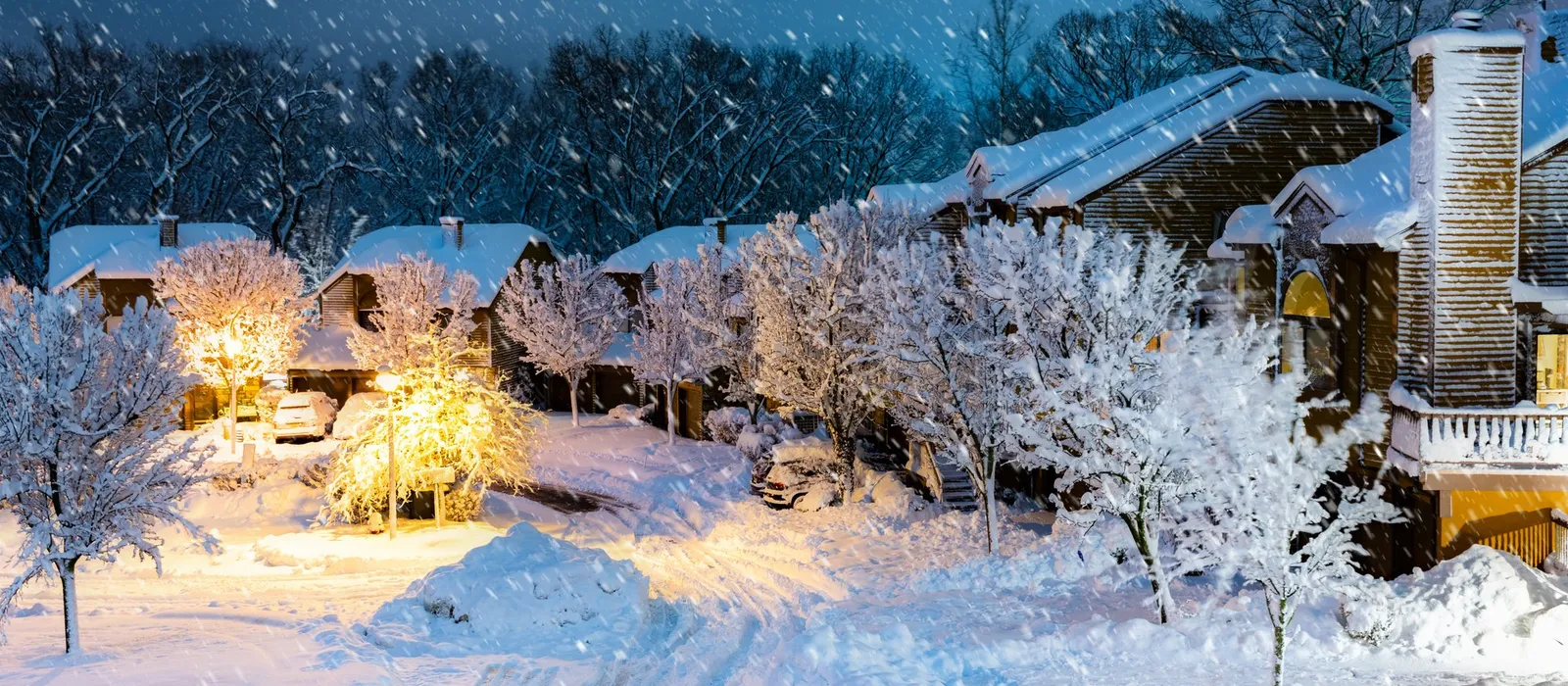 Night snowfall in a New Jersey village