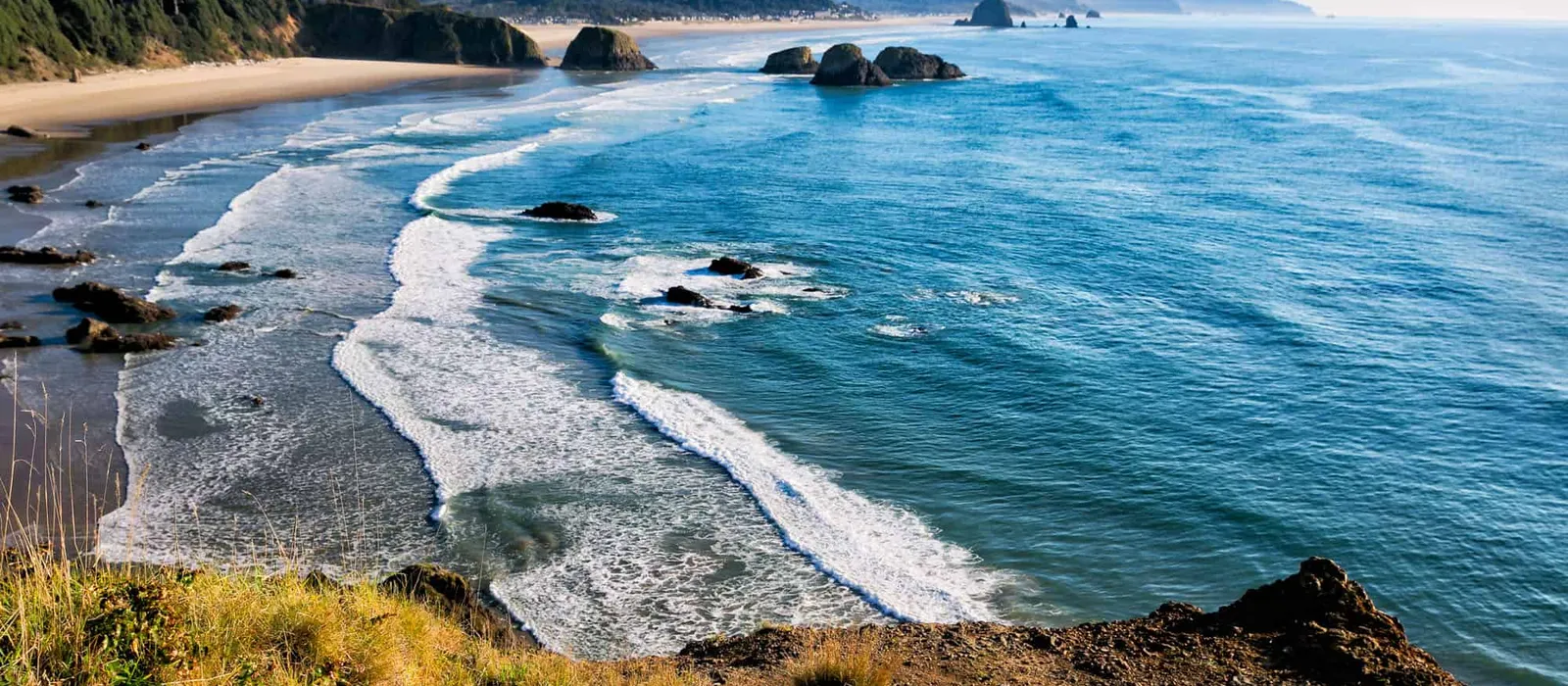 Rugged coastline with sea stacks and a long beach